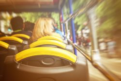 View from sightseeing bus from inside to outside. Motion. Toning. Travel Concept.